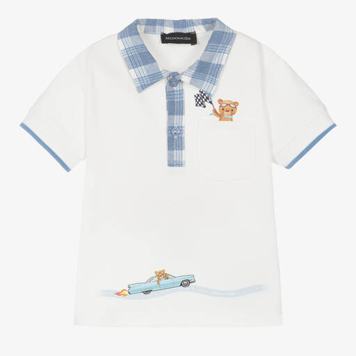 Monnalisa-Boys Ivory Cotton Piqué Bear Polo Shirt | Childrensalon