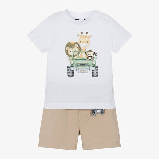 Monnalisa-Белая футболка и бежевые шорты для мальчиков | Childrensalon