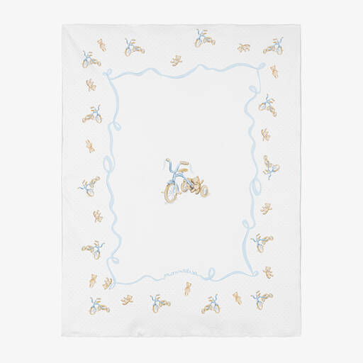 Monnalisa-Boys White & Blue Bicycle Bear Blanket (87cm) | Childrensalon