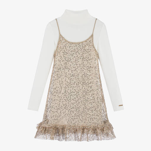 Monnalisa- فستان مزين بترتر لون ذهبي براق | Childrensalon