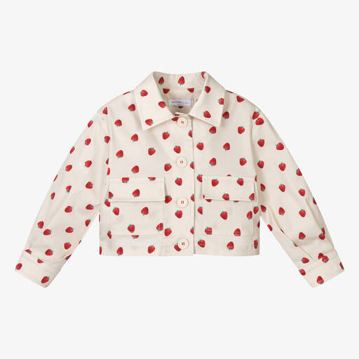 Monnalisa-Girls Beige Cotton Strawberry Jacket | Childrensalon