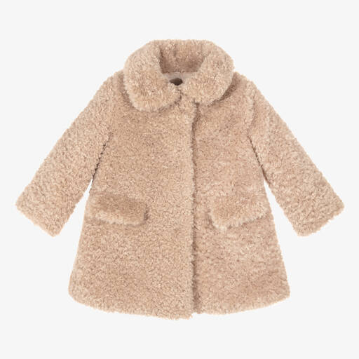 Monnalisa-Girls Beige Teddy Fleece Coat | Childrensalon