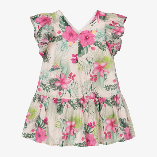Monnalisa-Girls Beige Tropical Floral Cotton Dress | Childrensalon