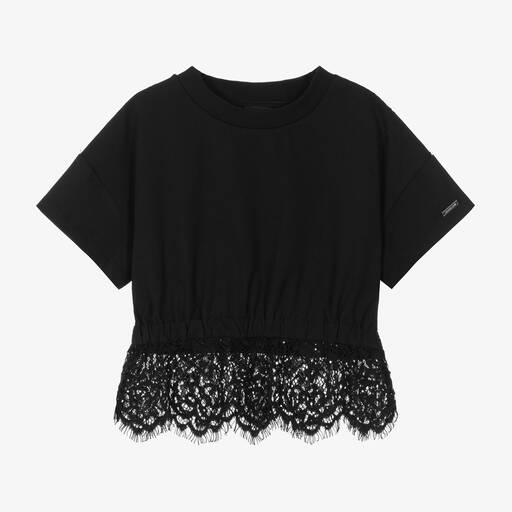 Monnalisa-Girls Black Cotton & Lace T-Shirt | Childrensalon