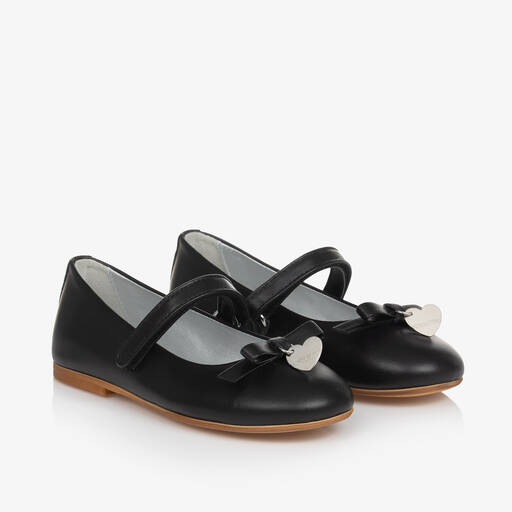 Monnalisa-Girls Black Leather Bow Shoes | Childrensalon