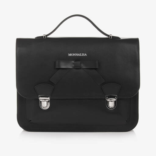 Monnalisa-Girls Black Leather Satchel (34cm) | Childrensalon