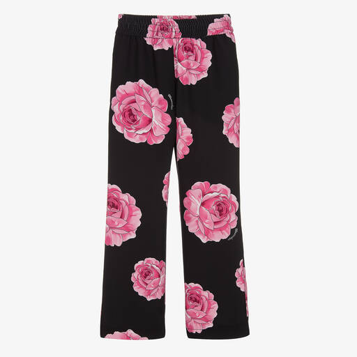 Monnalisa Chic-Girls Black & Pink Rose Print Trousers | Childrensalon