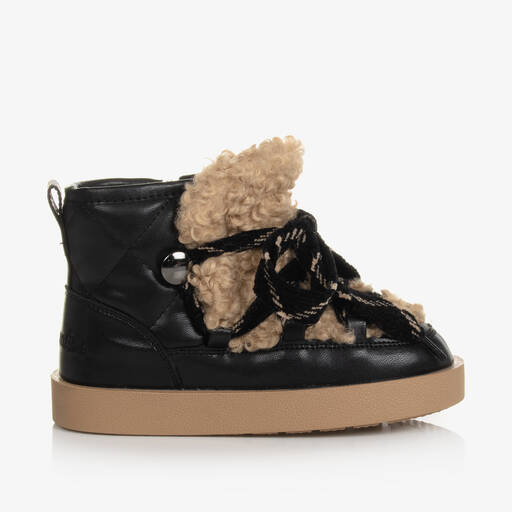 Monnalisa-Girls Black Quilted Faux Shearling Boots | Childrensalon
