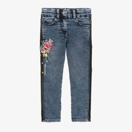 Monnalisa-Girls Blue Cotton Flower Skinny Jeans | Childrensalon