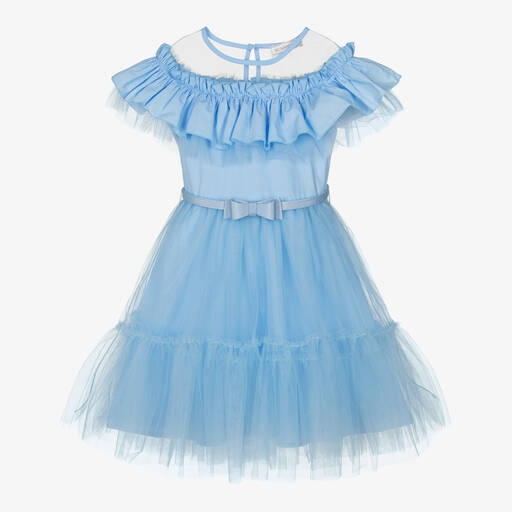 Monnalisa Chic-Girls Blue Cotton & Tulle Ruffle Dress | Childrensalon