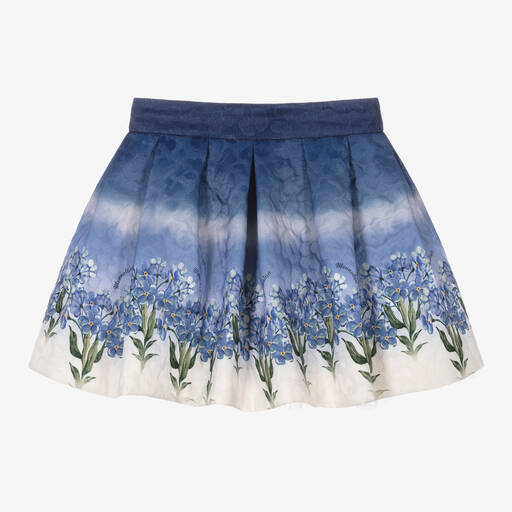 Monnalisa-Girls Blue & Ivory Floral Pleated Skirt | Childrensalon