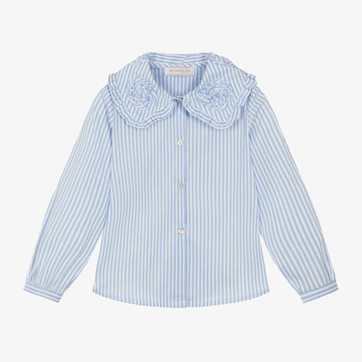 Monnalisa-Girls Blue Stripe Cotton Blouse | Childrensalon