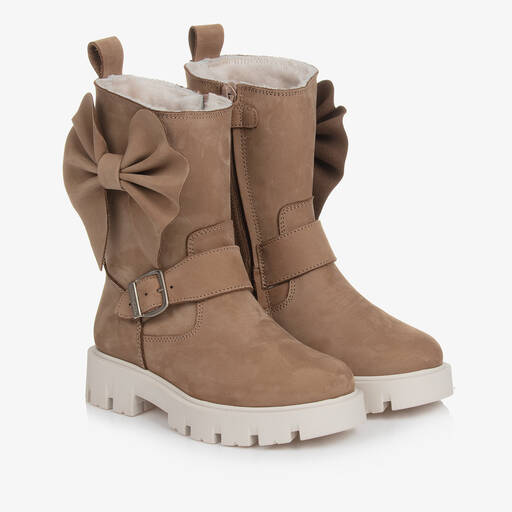 Monnalisa-Girls Brown Suede Leather Bow Boots | Childrensalon