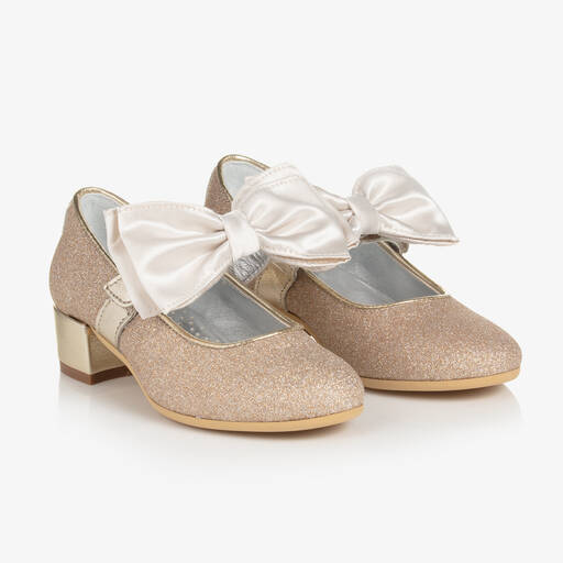 Monnalisa-Girls Gold Glitter Heeled Ballerina Shoes | Childrensalon
