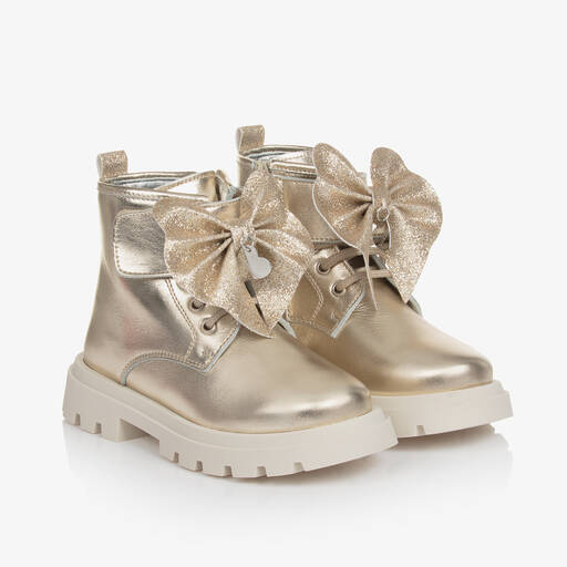 Monnalisa-Girls Gold Leather Bow Ankle Boots | Childrensalon
