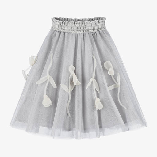 Monnalisa-Girls Grey Glitter Tulle 3D Tulip Skirt  | Childrensalon