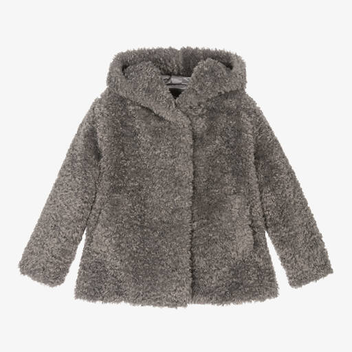 Monnalisa-Girls Grey Hooded Faux Fur Coat | Childrensalon