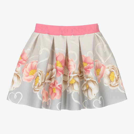 Monnalisa-Girls Grey & Pink Floral Neoprene Skirt | Childrensalon