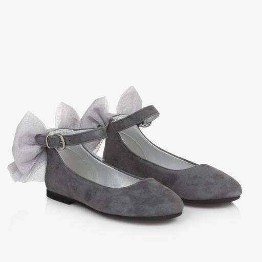 Monnalisa-Girls Grey Suede Leather Bow Shoes | Childrensalon