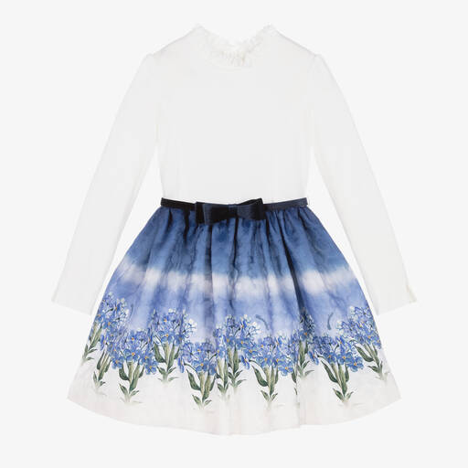 Monnalisa-Girls Ivory & Blue Floral Print Dress | Childrensalon