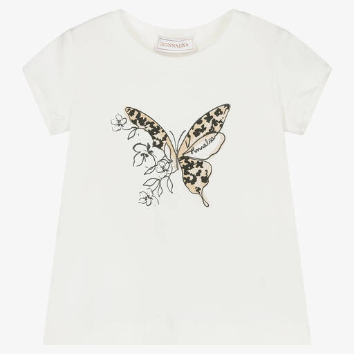 Monnalisa-Girls Ivory Cotton Butterfly T-Shirt | Childrensalon