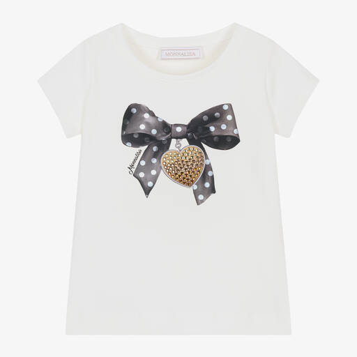 Monnalisa-Girls Ivory Cotton Diamanté Bow T-Shirt | Childrensalon