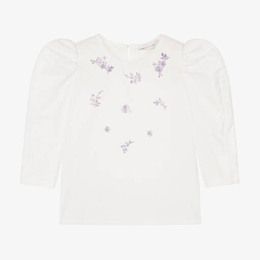 Monnalisa Chic-Кремовая хлопковая блузка с цветами из стразов для девочек | Childrensalon