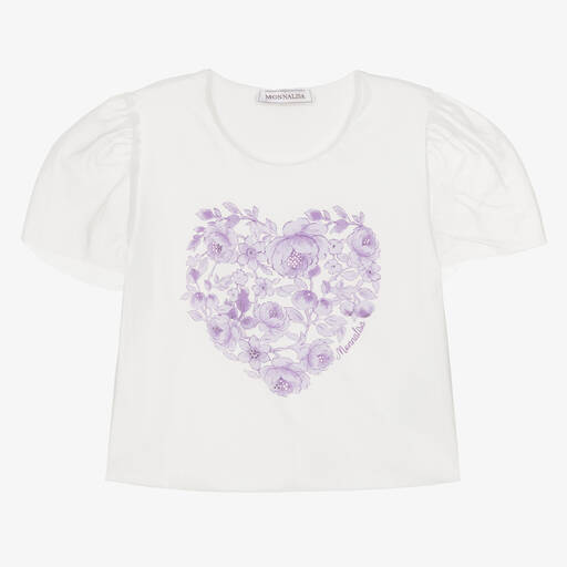 Monnalisa-Girls Ivory Cotton Floral Heart T-Shirt | Childrensalon