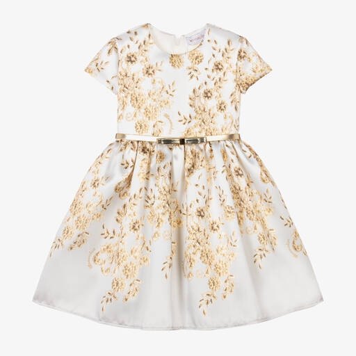 Monnalisa-Girls Ivory Floral Satin Dress | Childrensalon