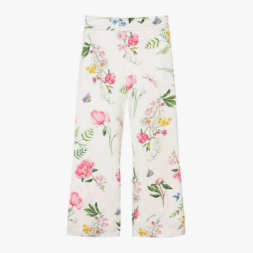 Monnalisa-Кремовые атласные брюки с цветами для девочек | Childrensalon