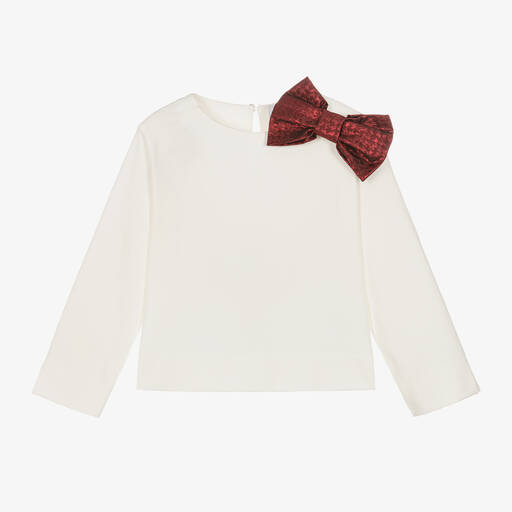 Monnalisa-Girls Ivory Milano Jersey Bow Top | Childrensalon