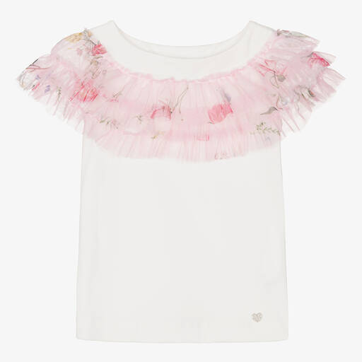 Monnalisa-Кремовая футболка с розовыми цветами из тюля для девочек | Childrensalon