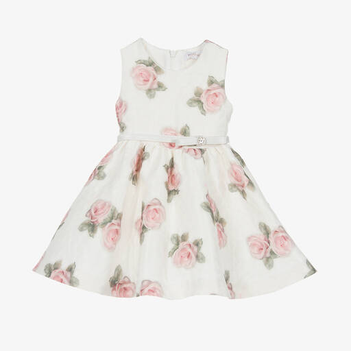Monnalisa-Girls Ivory & Pink Rose Print Dress | Childrensalon