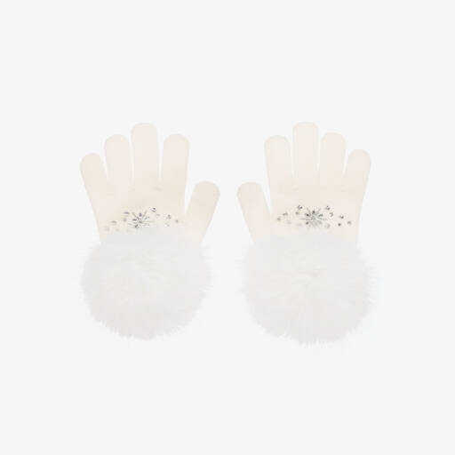 Monnalisa-Girls Ivory Pom-Pom Knitted Gloves | Childrensalon