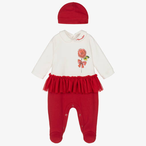 Monnalisa-Girls Ivory & Red Cotton Babygrow Set | Childrensalon
