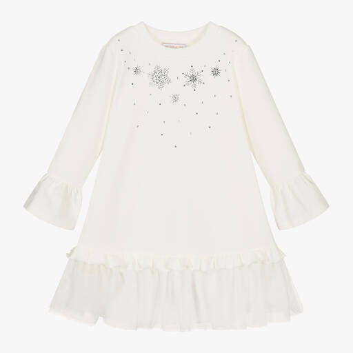 Monnalisa-Girls Ivory Snowflake Cotton Dress | Childrensalon