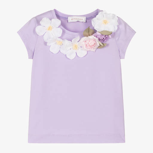 Monnalisa-Girls Lilac Cotton Floral Appliqué T-Shirt | Childrensalon