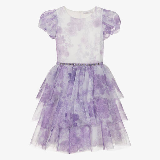 Monnalisa Chic-Girls Lilac Purple Floral Tulle Dress | Childrensalon