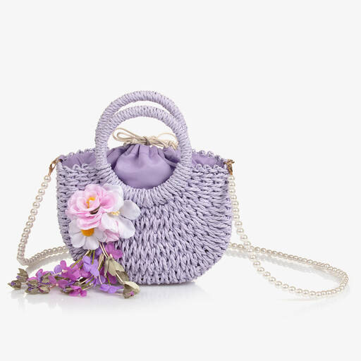 Monnalisa-Girls Lilac Purple Flower Straw Bag (21cm) | Childrensalon