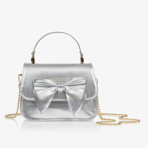 Monnalisa-Girls Metallic Silver Bow Handbag (19cm) | Childrensalon
