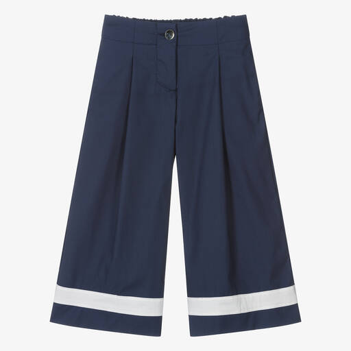 Monnalisa-Girls Navy Blue Cotton Wide-Leg Trousers | Childrensalon