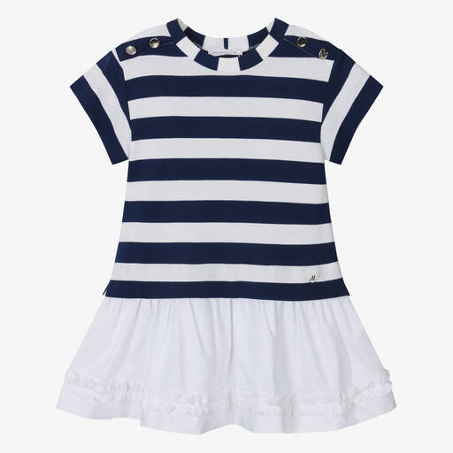 Monnalisa-Girls Navy Blue & Ivory Stripe Dress | Childrensalon