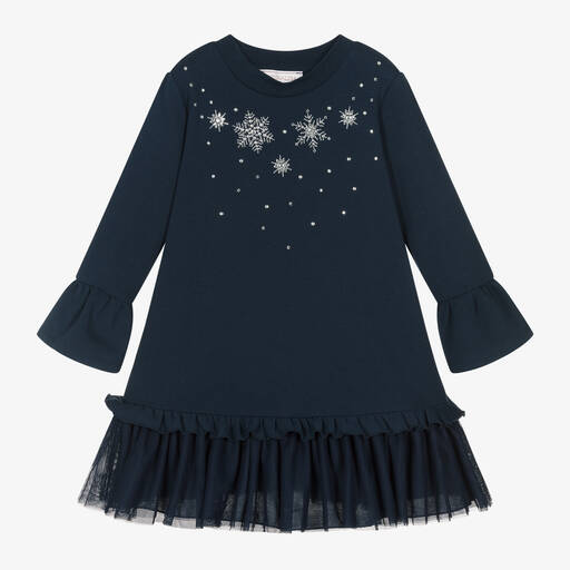 Monnalisa-Girls Navy Blue Snowflake Cotton Dress | Childrensalon