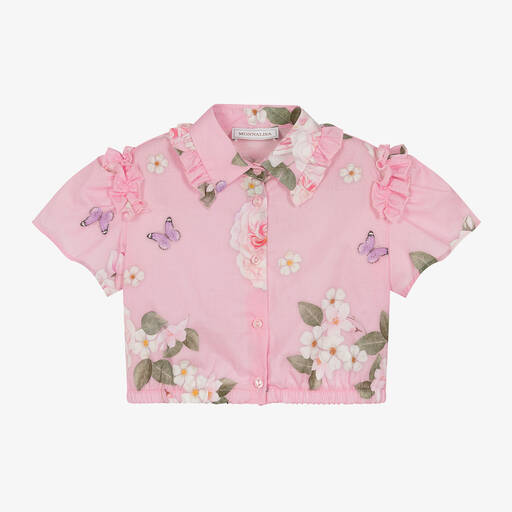 Monnalisa-Girls Pink Cotton Floral Cropped Blouse | Childrensalon