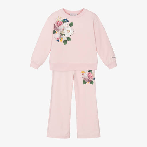 Monnalisa-Girls Pink Cotton Floral Tracksuit | Childrensalon