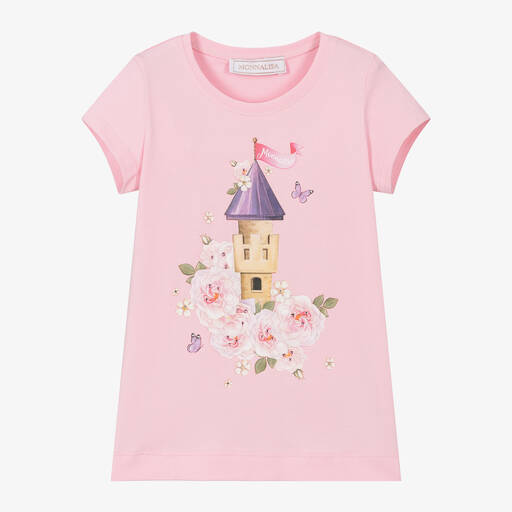 Monnalisa-Girls Pink Cotton Princess Castle T-Shirt | Childrensalon