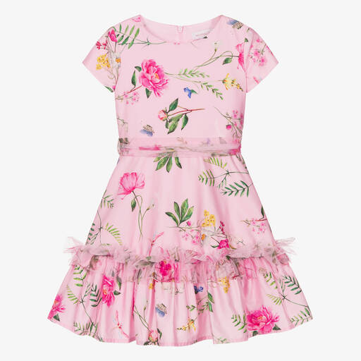 Monnalisa Chic-Girls Pink Floral Cotton Sateen Dress | Childrensalon