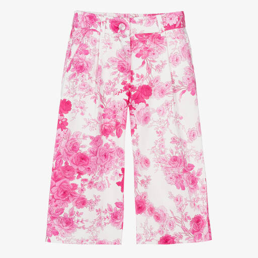Monnalisa Chic-Girls Pink Floral Cotton Trousers | Childrensalon