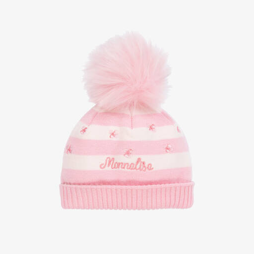 Monnalisa-Girls Pink Knit Pom-Pom Hat | Childrensalon