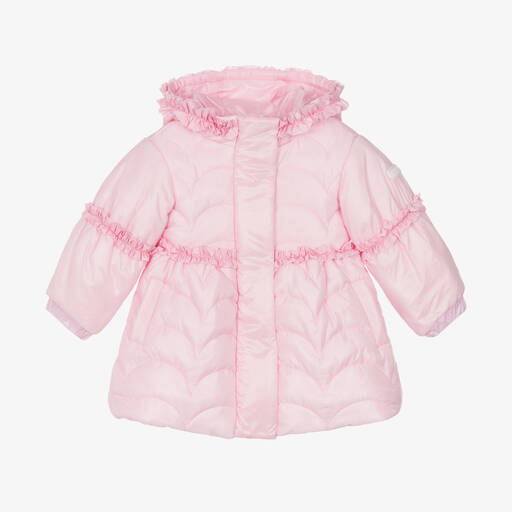 Monnalisa-Girls Pink Padded Ruffle Coat | Childrensalon